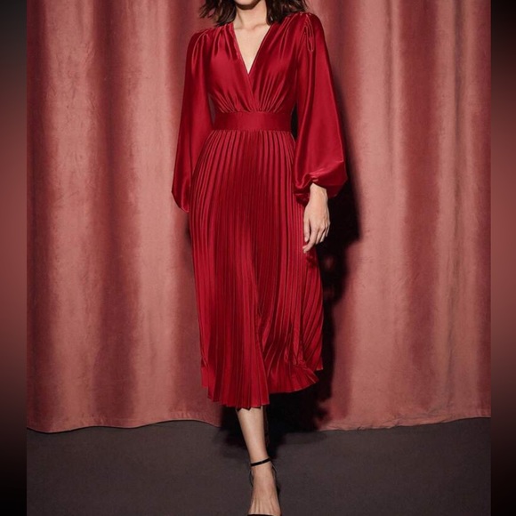 Women's Pleated Satin Maxi Dress - Long Lantern Sleeve Party Dress (Rose, Small) - View #5